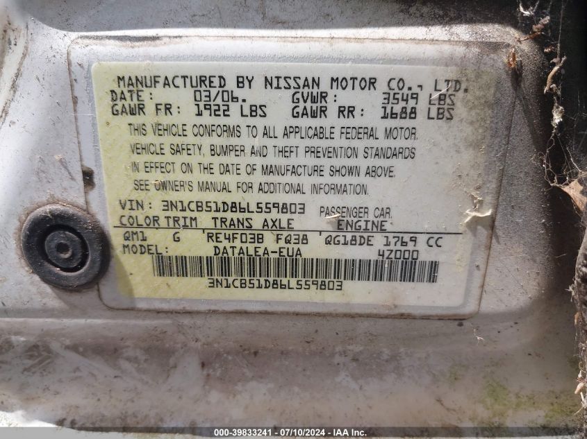 2006 Nissan Sentra 1.8S VIN: 3N1CB51D86L559803 Lot: 39833241