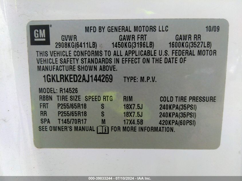 2010 GMC Acadia Sl VIN: 1GKLRKED2AJ144269 Lot: 39833244