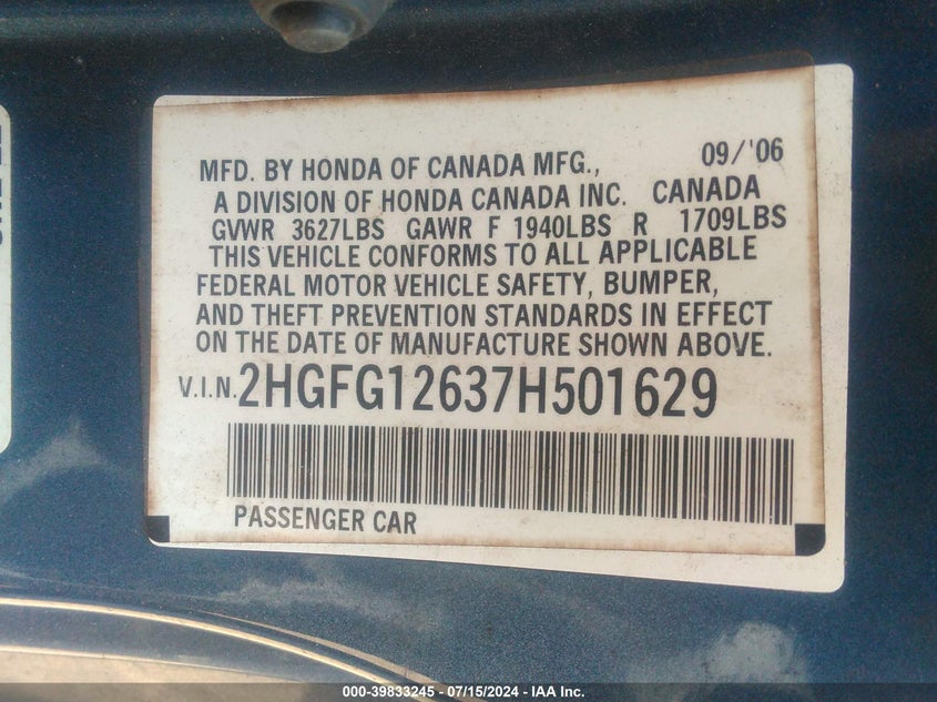 2007 Honda Civic Lx VIN: 2HGFG12637H501629 Lot: 39833245