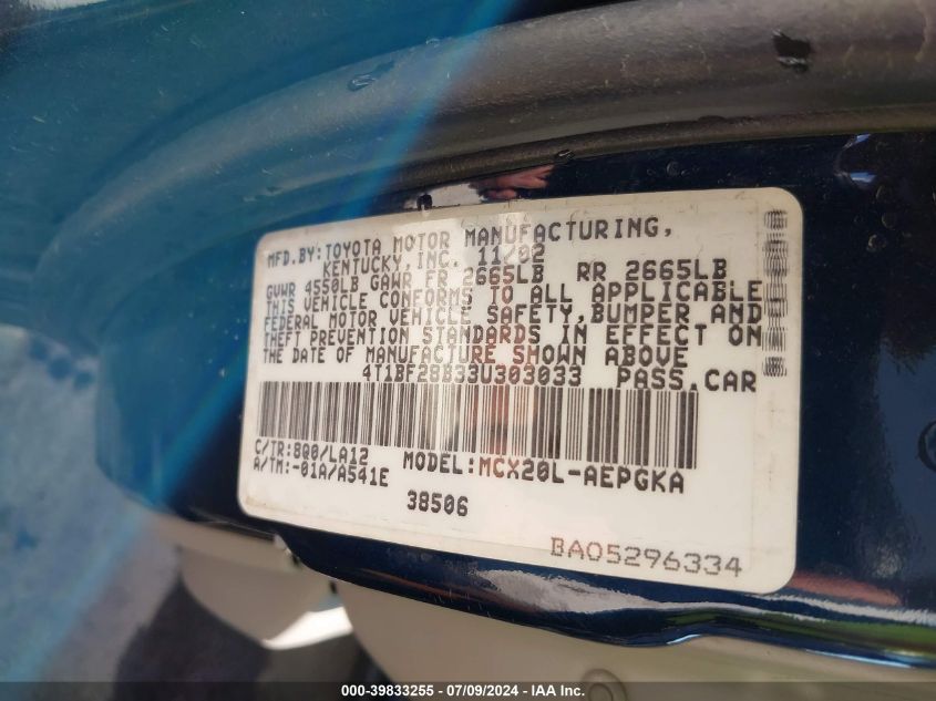 2003 Toyota Avalon Xls VIN: 4T1BF28B33U303033 Lot: 39833255