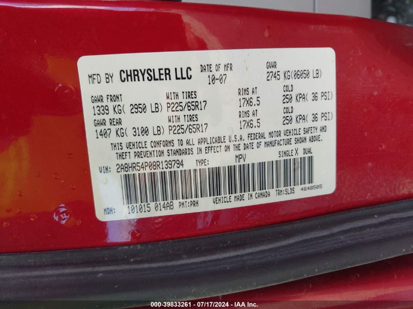 2008 Chrysler Town & Country Touring VIN: 2A8HR54P08R139794 Lot: 39833261