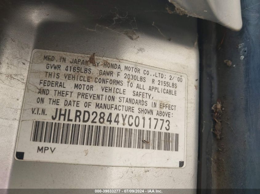 2000 Honda Cr-V Lx VIN: JHLRD2844YC011773 Lot: 39833277