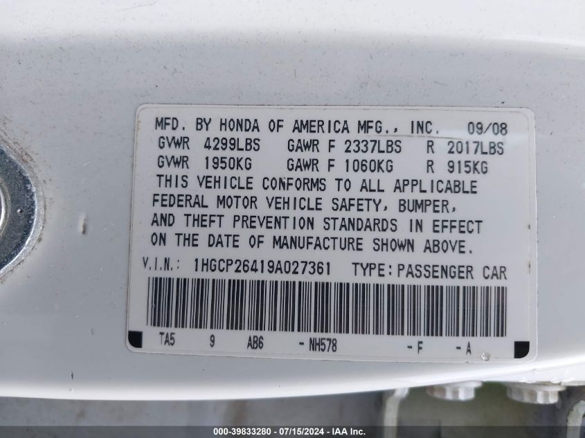 2009 Honda Accord 2.4 Lx-P VIN: 1HGCP26419A027361 Lot: 39833280