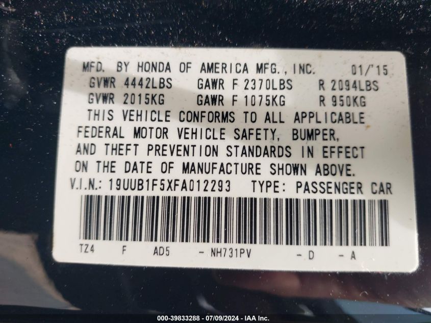 2015 Acura Tlx Tech VIN: 19UUB1F5XFA012293 Lot: 39833288