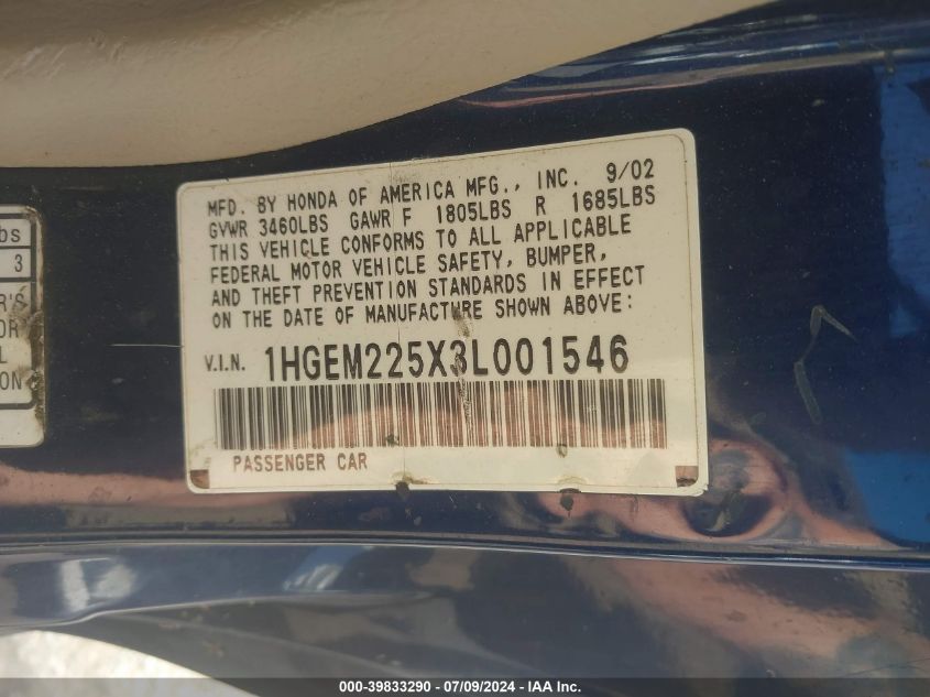 2003 Honda Civic Lx VIN: 1HGEM225X3L001546 Lot: 39833290