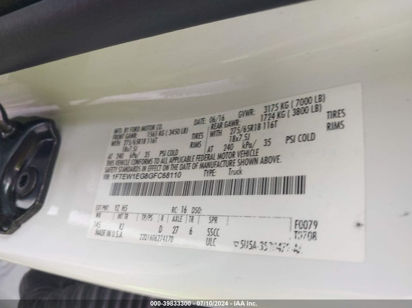 2016 Ford F-150 King Ranch VIN: 1FTEW1EG8GFC68110 Lot: 39833300