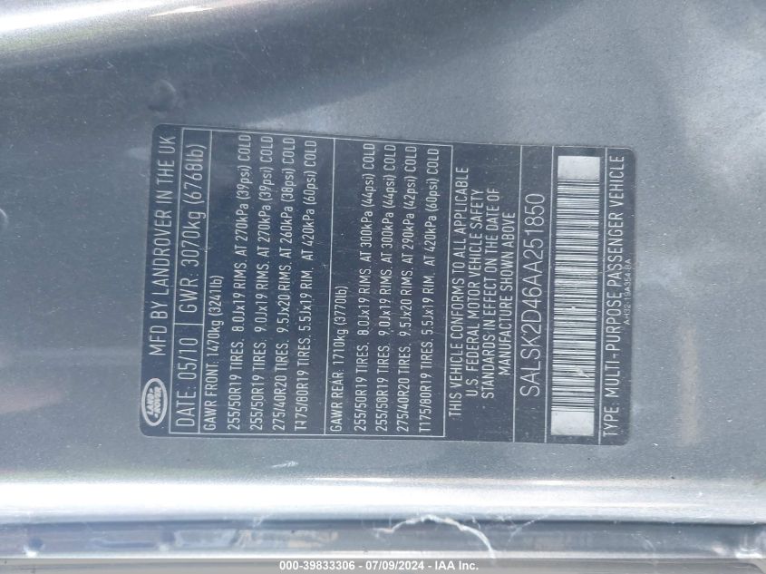 2010 Land Rover Range Rover Sport Hse VIN: SALSK2D46AA251850 Lot: 39833306