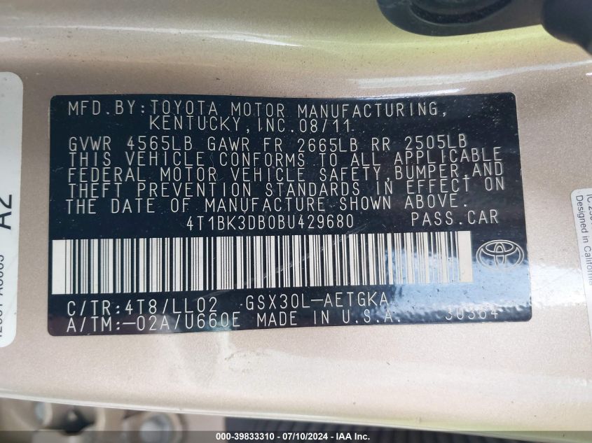 2011 Toyota Avalon VIN: 4T1BK3DB0BU429680 Lot: 39833310