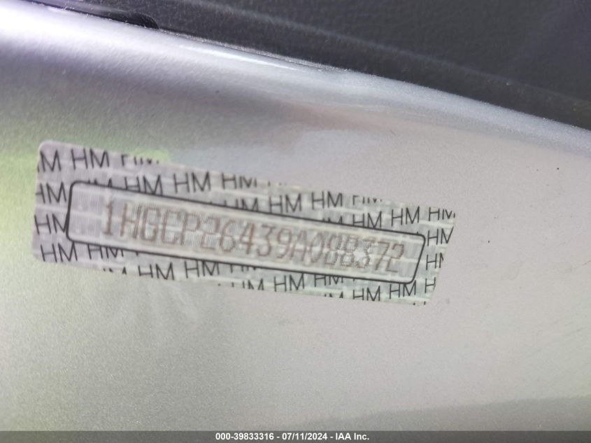 2009 Honda Accord 2.4 Lx-P VIN: 1HGCP26439A088372 Lot: 39833316