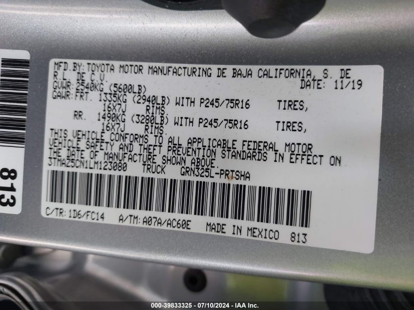 2020 Toyota Tacoma Sr5 V6 VIN: 3TMAZ5CN1LM123080 Lot: 39833325