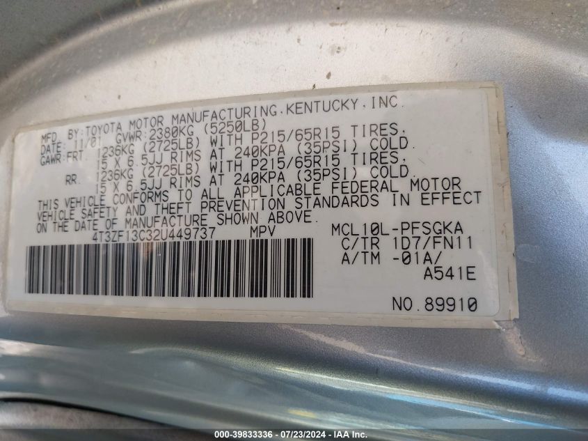 2002 Toyota Sienna Le VIN: 4T3ZF13C32U449737 Lot: 39833336