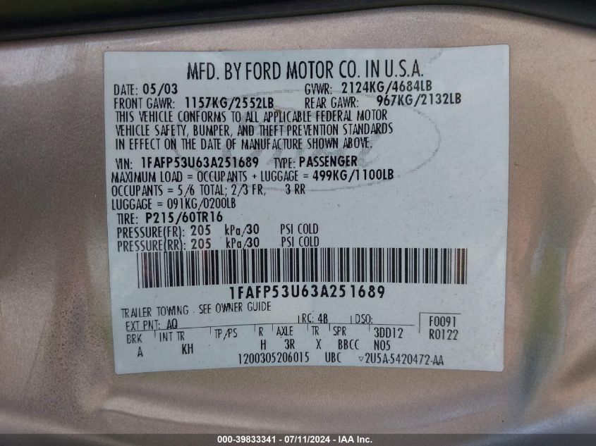 2003 Ford Taurus Se VIN: 1FAFP53U63A251689 Lot: 39833341