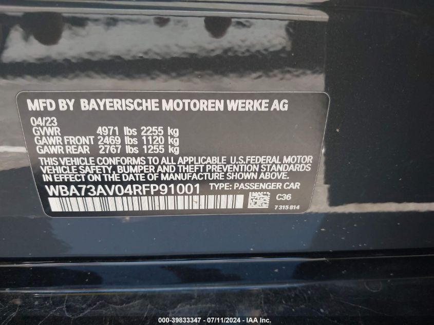 WBA73AV04RFP91001 2024 BMW 4 Series Gran Coupe 430I xDrive