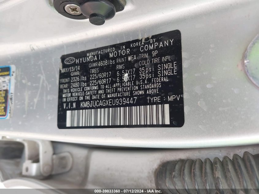 2014 Hyundai Tucson Se VIN: KM8JUCAGXEU939447 Lot: 39833360