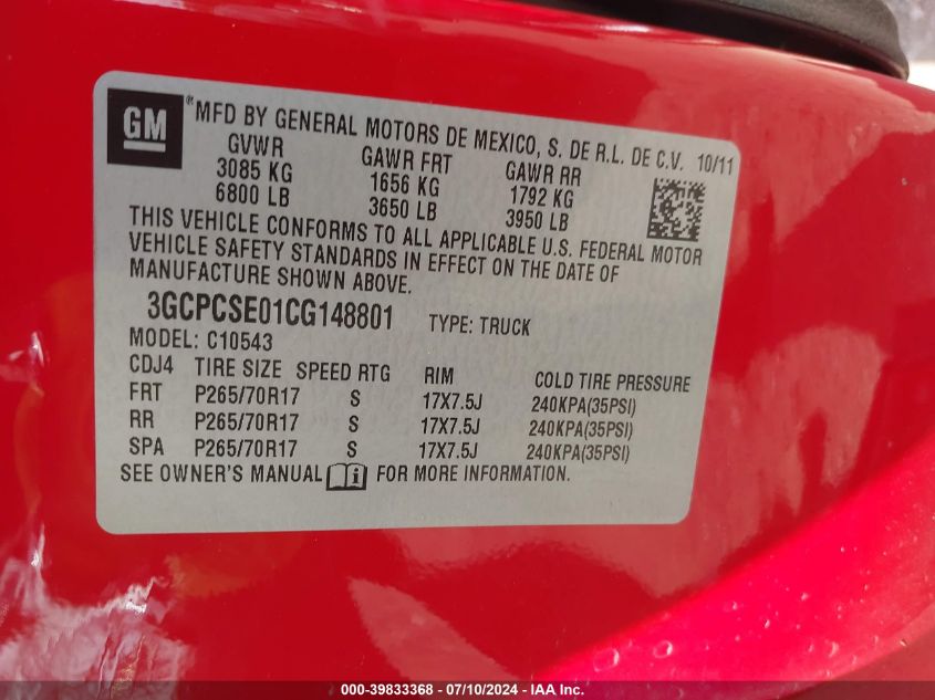 2012 Chevrolet Silverado 1500 Lt VIN: 3GCPCSE01CG148801 Lot: 39833368