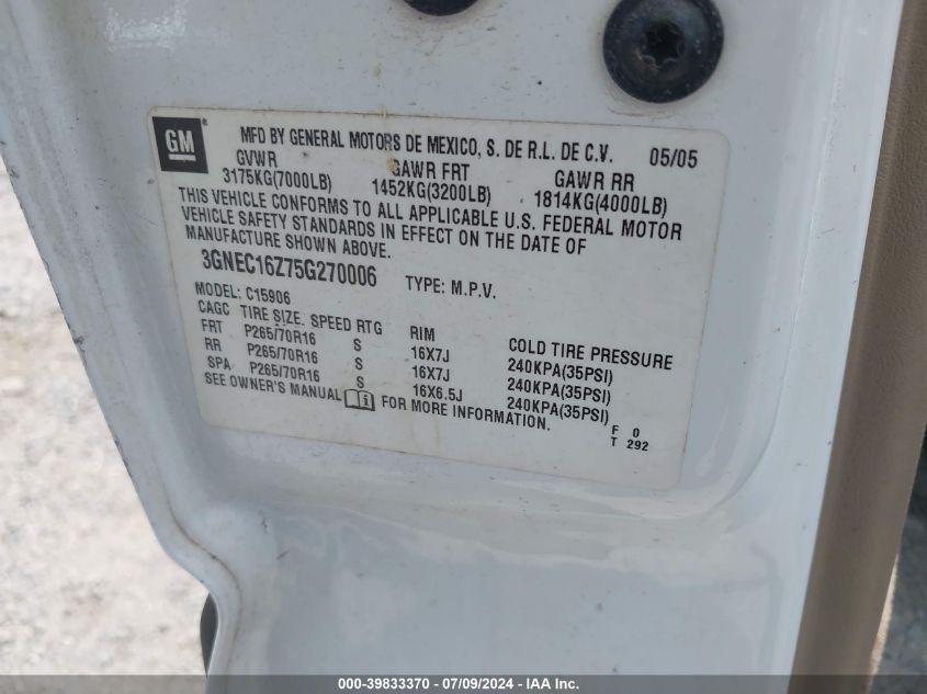 2005 Chevrolet Suburban 1500 Ls VIN: 3GNEC16Z75G270006 Lot: 39833370