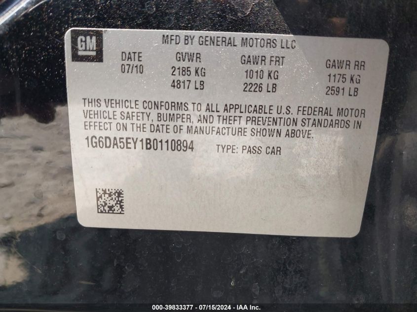 2011 Cadillac Cts Standard VIN: 1G6DA5EY1B0110894 Lot: 39833377