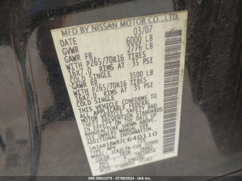 2007 Nissan Pathfinder Se VIN: 5N1AR18W97C640110 Lot: 39833379