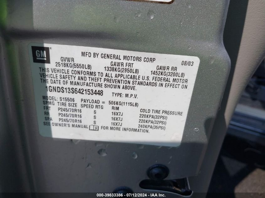 2004 Chevrolet Trailblazer Ls VIN: 1GNDS13S642153448 Lot: 39833386