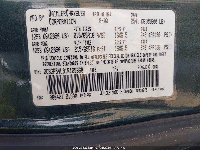 2001 Chrysler Town & Country Lxi VIN: 2C8GP54L91R125368 Lot: 39833389