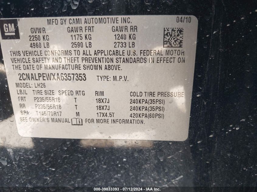 2CNALPEWXA6357353 2010 Chevrolet Equinox Lt