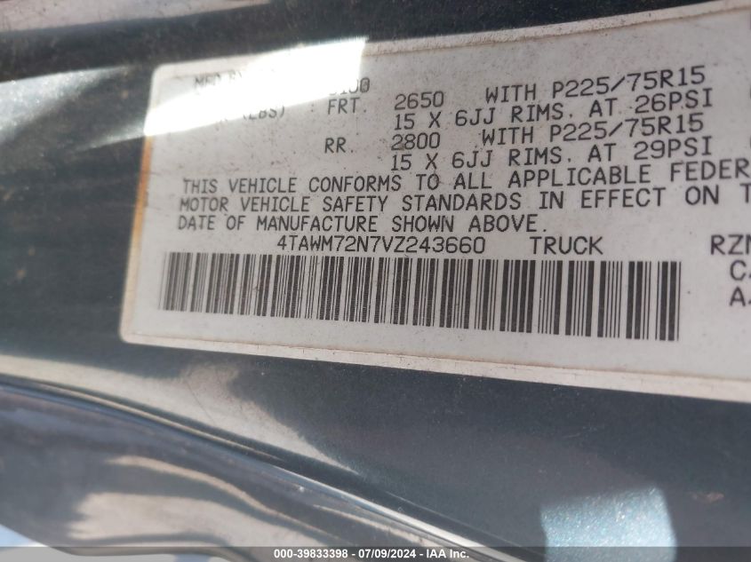 1997 Toyota Tacoma Xtracab VIN: 4TAWM72N7VZ243660 Lot: 39833398