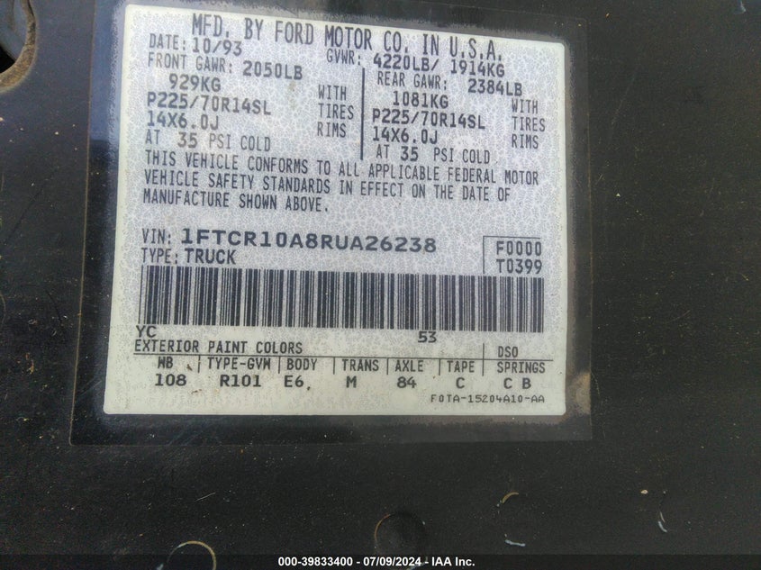1994 Ford Ranger VIN: 1FTCR10A8RUA26238 Lot: 39833400