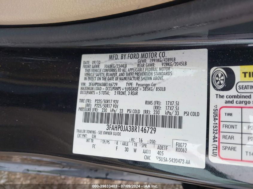 2011 Ford Fusion Sel VIN: 3FAHP0JA3BR146729 Lot: 39833403