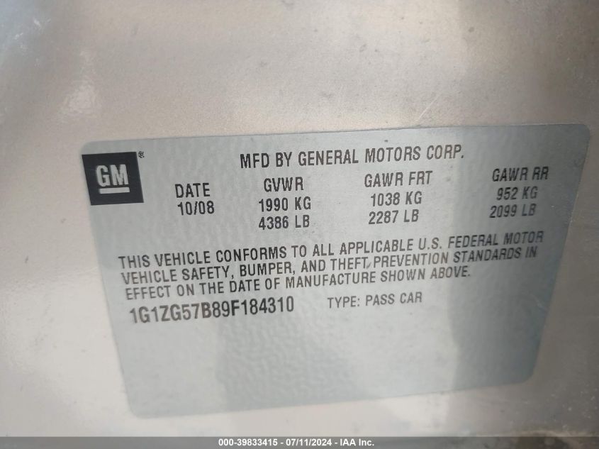 2009 Chevrolet Malibu Ls VIN: 1G1ZG57B89F184310 Lot: 39833415