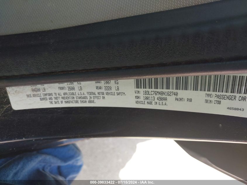 2008 Dodge Avenger R/T VIN: 1B3LC76M48N162740 Lot: 39833422