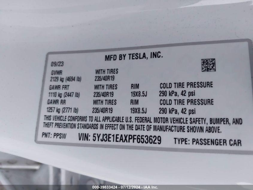 2023 Tesla Model 3 VIN: 5YJ3E1EAXPF653629 Lot: 39833424