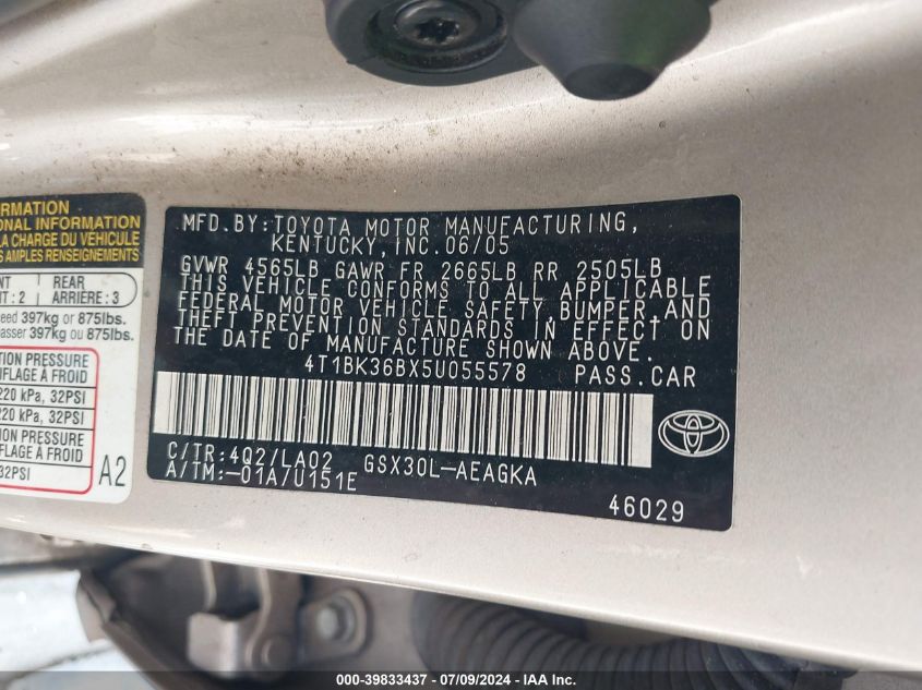 2005 Toyota Avalon Xls VIN: 4T1BK36BX5U055578 Lot: 39833437