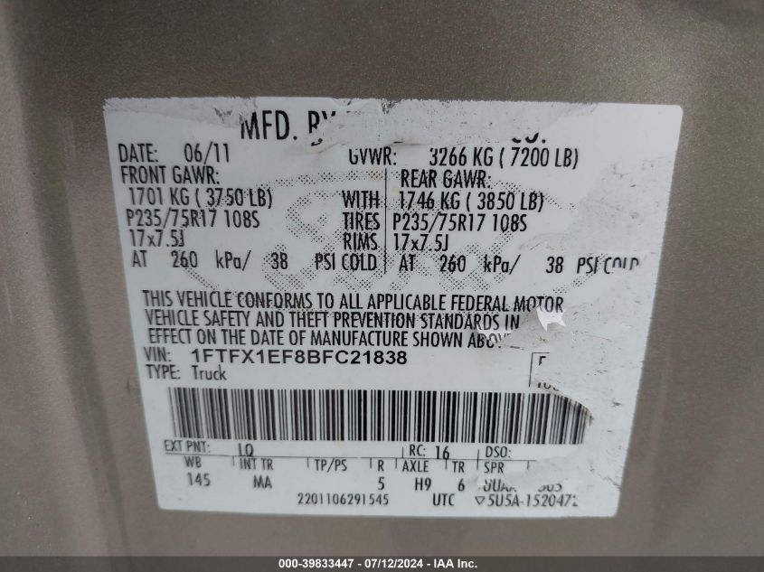 2011 Ford F-150 Xlt VIN: 1FTFX1EF8BFC21838 Lot: 39833447