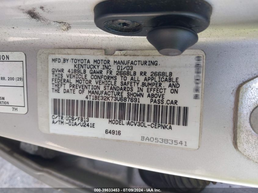 2003 Toyota Camry Le VIN: 4T1BE32K73U687691 Lot: 39833453