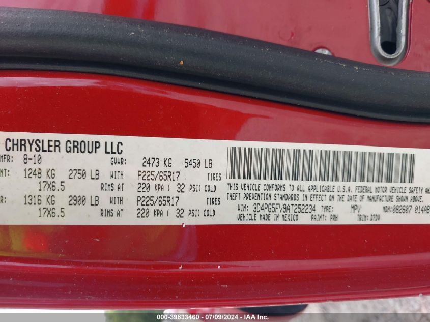 2010 Dodge Journey Sxt VIN: 3D4PG5FV9AT252234 Lot: 39833460