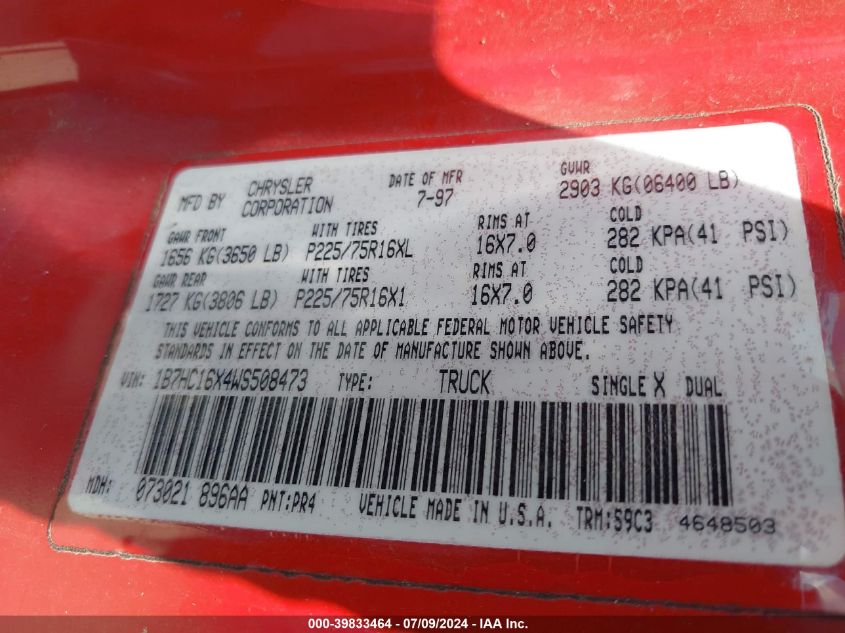 1998 Dodge Ram 1500 St/Ws VIN: 1B7HC16X4WS508473 Lot: 39833464