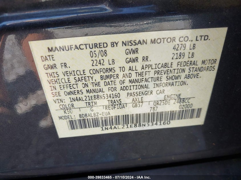 2008 Nissan Altima 2.5 S VIN: 1N4AL21E88N534160 Lot: 39833465