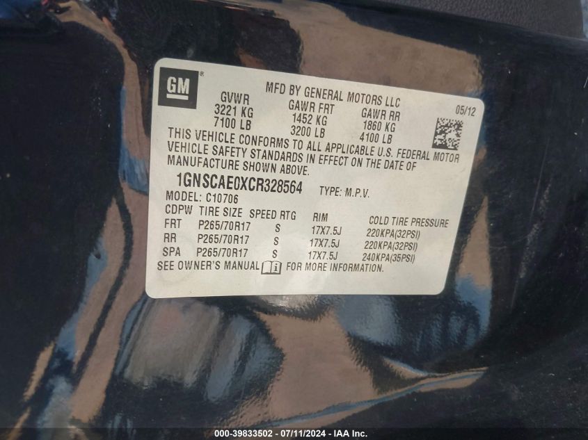 2012 Chevrolet Tahoe Ls VIN: 1GNSCAE0XCR328564 Lot: 39833502