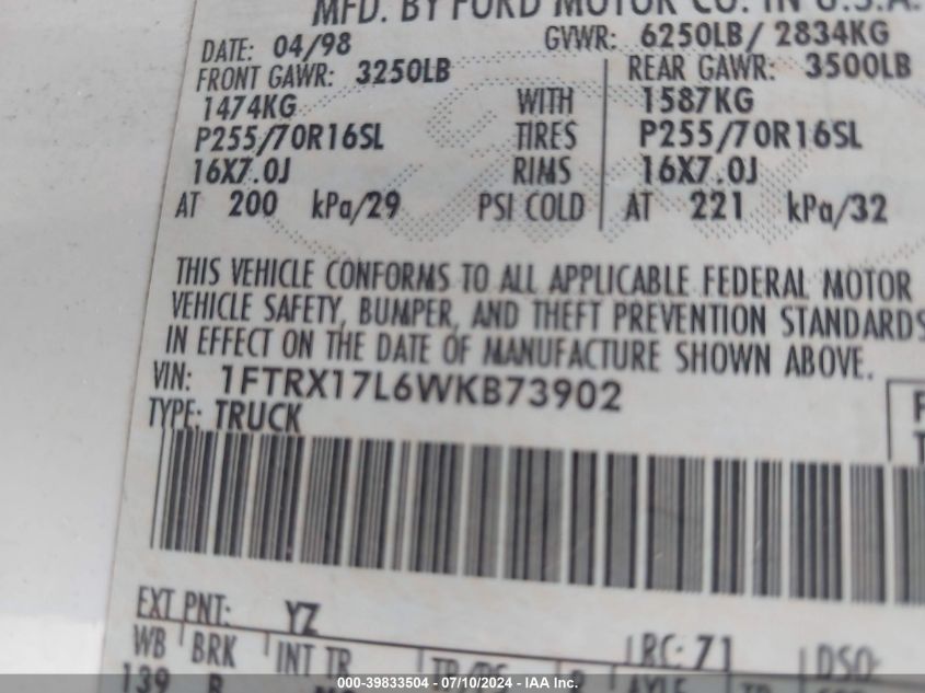 1998 Ford F-150 Lariat/Xl/Xlt VIN: 1FTRX17L6WKB73902 Lot: 39833504