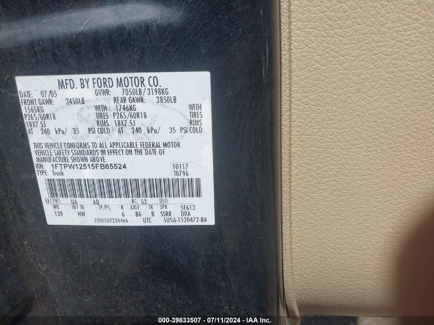 2005 Ford F-150 Lariat/Xlt VIN: 1FTPW12515FB65524 Lot: 39833507