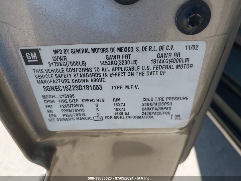 2003 Chevrolet Suburban 1500 Lt VIN: 3GNEC16Z23G181053 Lot: 39833520