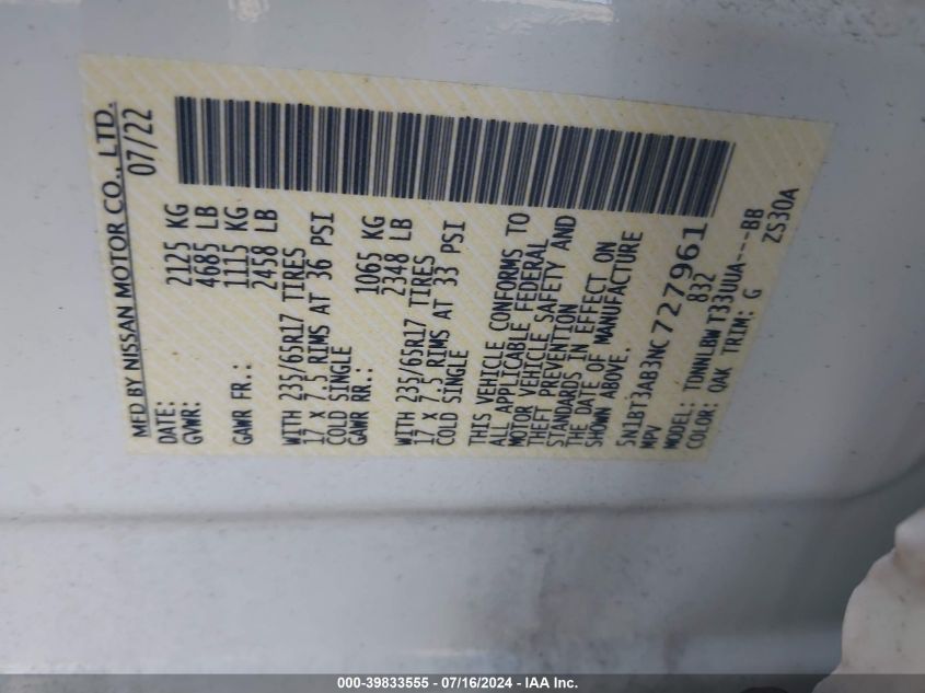 2022 Nissan Rogue S Intelligent Awd VIN: 5N1BT3AB3NC727961 Lot: 39833555