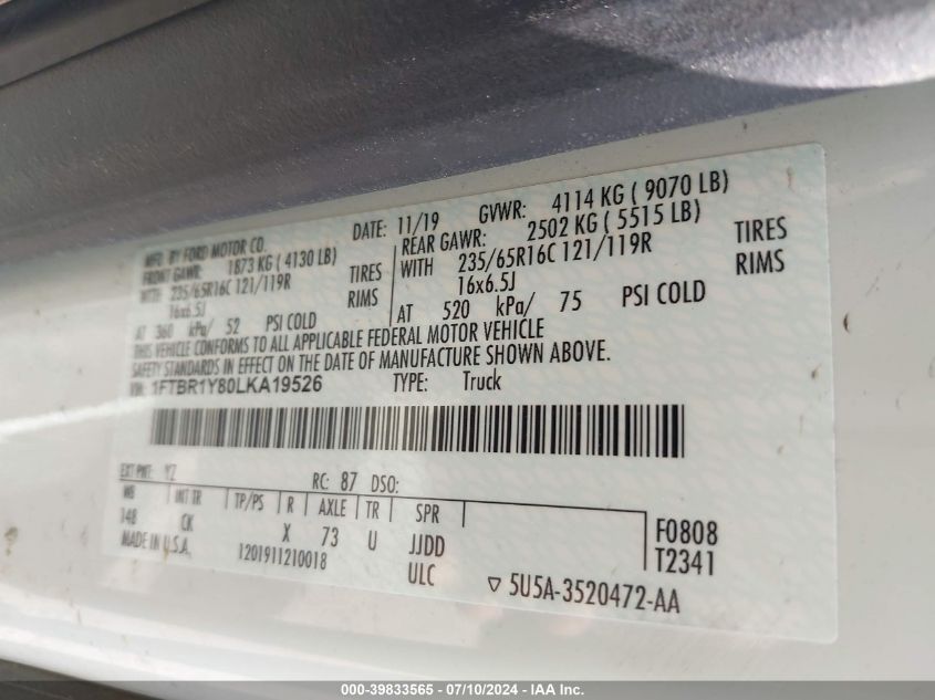 2020 Ford Transit-250 VIN: 1FTBR1Y80LKA19526 Lot: 39833565