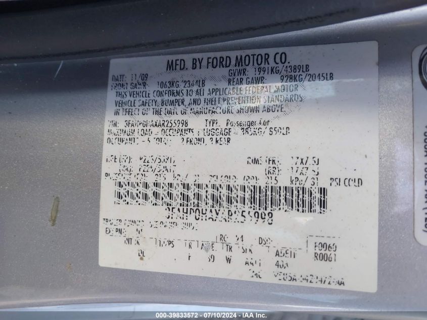 2010 Ford Fusion Se VIN: 3FAHP0HAXAR255998 Lot: 39833572