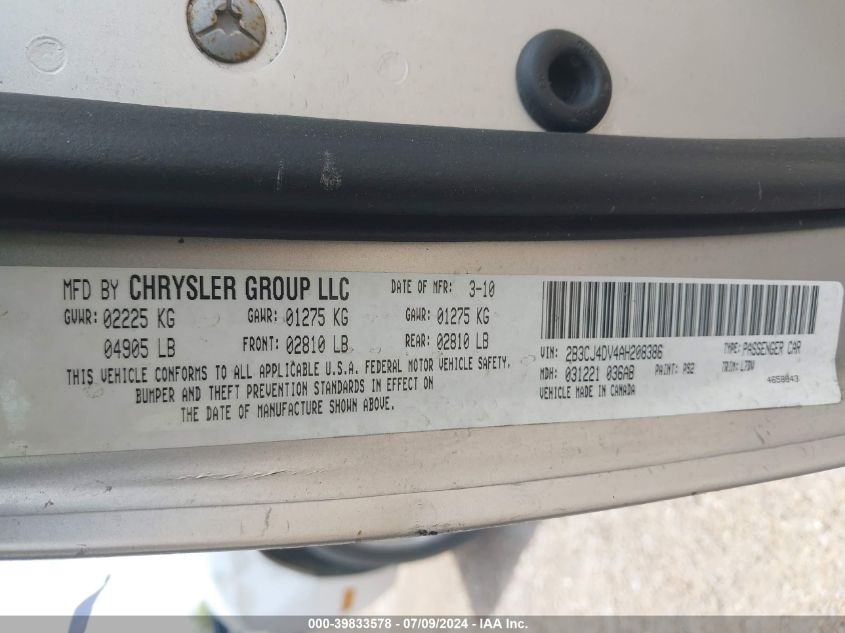 2010 Dodge Challenger Se VIN: 2B3CJ4DV4AH208386 Lot: 39833578