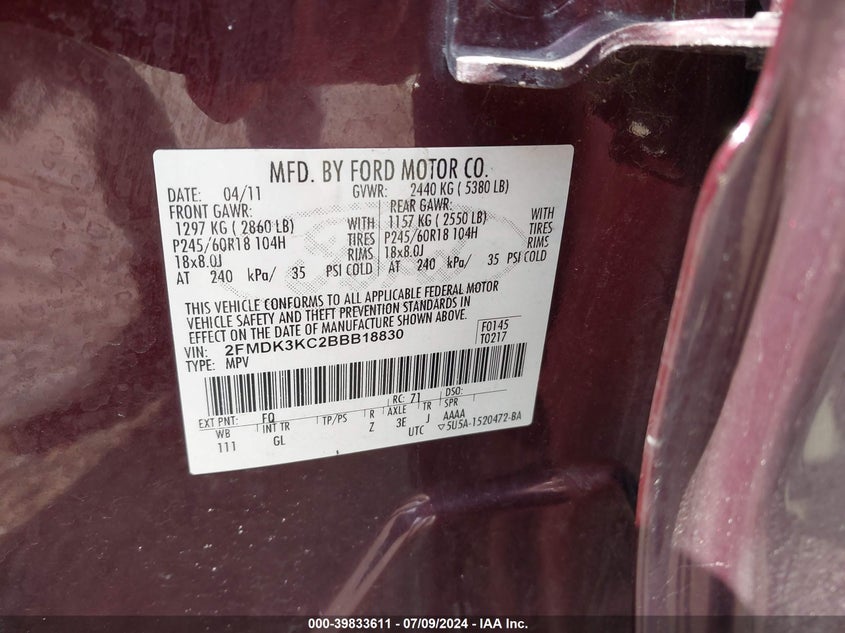 2011 Ford Edge Limited VIN: 2FMDK3KC2BBB18830 Lot: 39833611