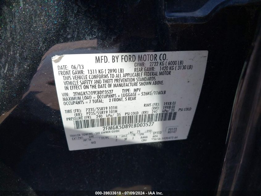 2014 Ford Flex Limited VIN: 2FMGK5D89EBD03527 Lot: 39833618