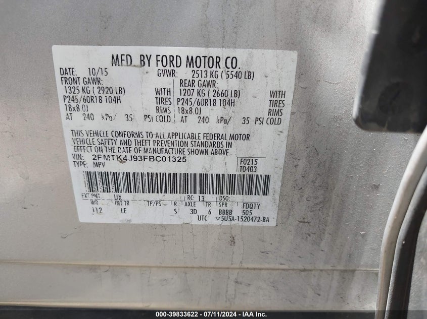 2015 Ford Edge Sel VIN: 2FMTK4J93FBC01325 Lot: 39833622