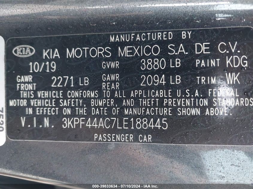 2020 Kia Forte Gt VIN: 3KPF44AC7LE188445 Lot: 39833634