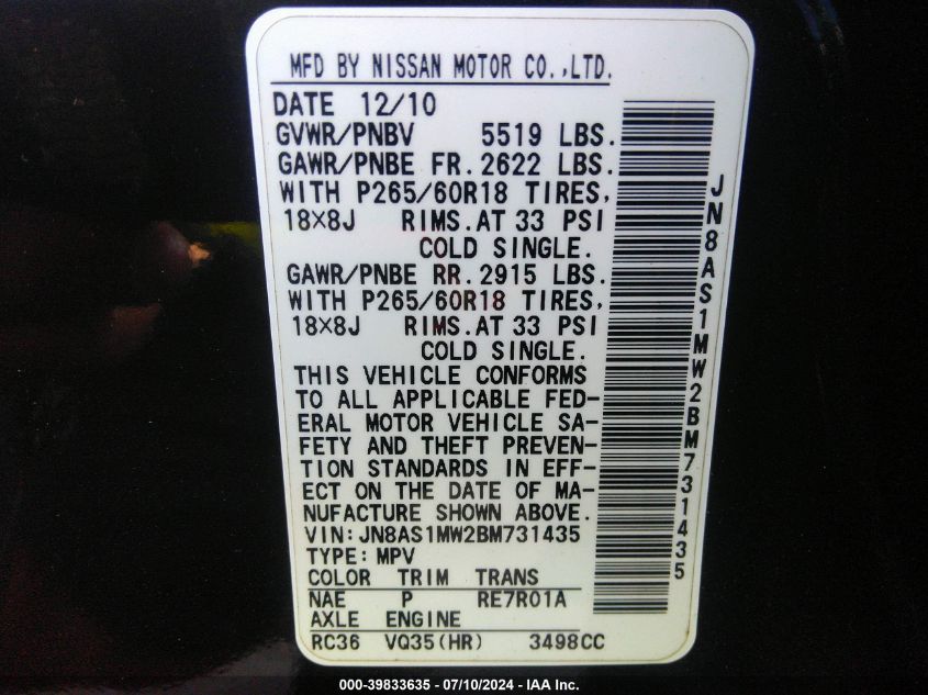 2011 Infiniti Fx35 VIN: JN8AS1MW2BM731435 Lot: 39833635